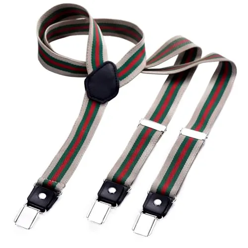 DonDon Hosenträger Herren gestreift beige grün rot schmal 2,5 cm - Extra starke Clips für Anzug - Hosenträger Herren extra stark - Ideal für Männer oder Damen Rockabilly Suspenders