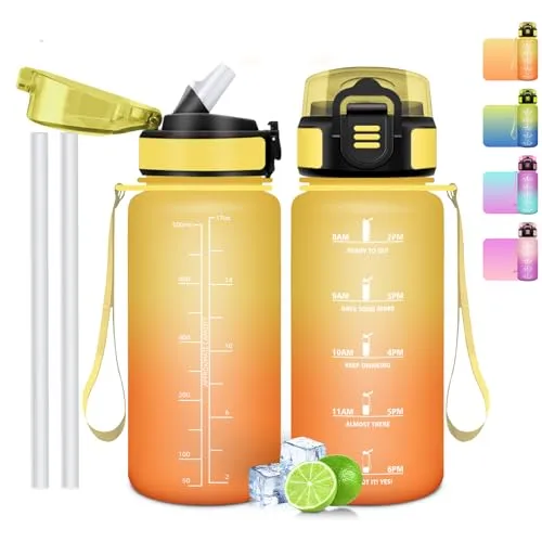 Mulbijeo Trinkflasche 500 ml, Auslaufsicher, Wasserflasche BPA-Frei, Motivierende mit Zeitmarkierung, Trinkflasche mit Strohhalm Gelb & Orange
