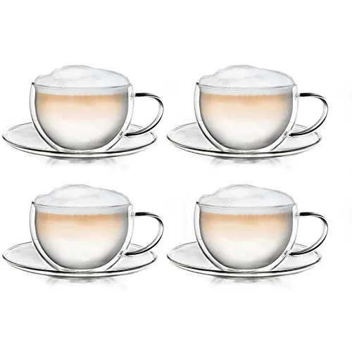 Creano Thermo-Tasse doppelwandige Tee-/Latte Macchiato Cappuccino Tasse mit Untersetzer 250ml, 4er Set