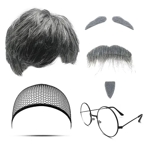 MIVAIUN 7 Stück Opa Kostüm Set Alter Mann Cosplay Opa Perücken Perücke künstlicher Bart Augenbrauen Perückenkappe Brille Herren Perücke für Halloween Weihnachten Cosplay Mottoparty(Old Man Set)