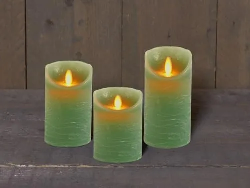 Coen Bakker 3er Set Kerze LED Echtwachskerze 10 cm + 12,5 cm + 15 cm Kerze Ø 7,5 cm viele Farben mit Timer flackender Docht Wachskerze Kerzen, Farbe:Jade Grün