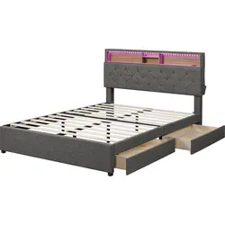 Doppelbett Polsterbett Grau 140 x 200 cm mit USB und Beleuchtung