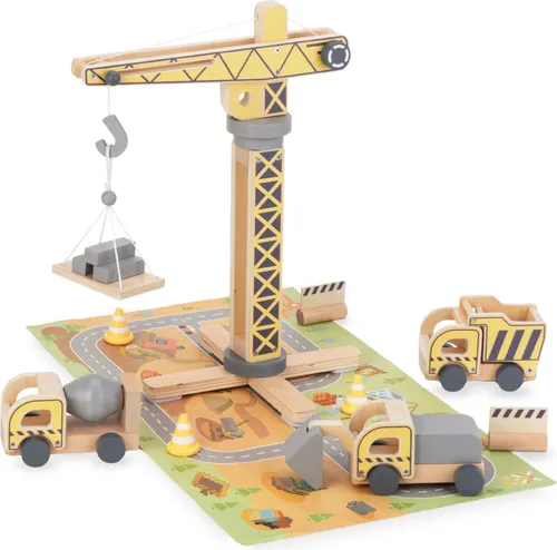Mamabrum Holz-Baustellen Set mit Mobilkran - Kräne-Spielzeug für Kinder, umfangreiches Set mit drehbarem Holzkran und realistischen Fahrzeugen, fördert spielerisches Lernen und Feinmotorik.