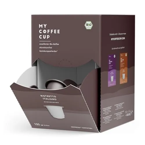 My Coffee Cup - Ristretto Italiano 100 Kapseln - Kaffee mit intensivem Geschmack Italiens – 100% biologisch angebaute Bohnen, nachhaltige Kapseln und perfekt für Nespresso®*-Maschinen. Genießen Sie starken, aromatischen Ristretto mit Schokoladennoten!