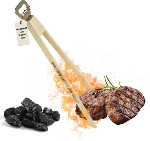 Grillzange aus Holz - Fleischzange lang 43 cm - ausgefallenes BBQ Grillzubehör mit Flaschenöffner - Motiv 2 - Grillmeister