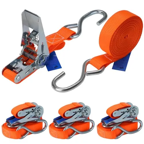 Spanngurt mit Ratsche und S Haken 4er Set 700 kg Zurrgurt DIN EN 12195-2 Ratschengurt 2-teilig orange 4 m oder 6 m, 25 mm breit