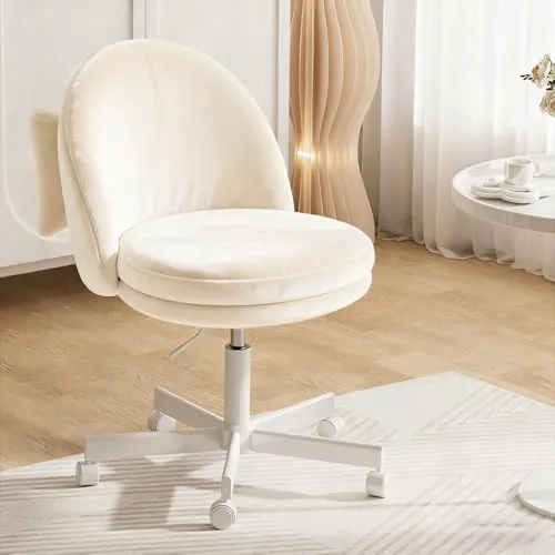 COMHOMA Homeoffice Stuhl, Schminkstuhl, Schreibtischstuhl ohne Armlehnen, Drehstuhl mit Rückenstütze, Bequemer Bürostuhl auf Rollen, Höhenverstellbarer Home Office Stuhl, Samtoberfläche Weiß