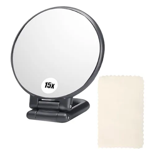 SLEEKEE 1 Handlupe, 1 Linsenreinigungstuch, Doppelseitiger Schminkspiegel Mit 15-Facher Vergrößerung, Klappbarer Reisespiegel Für Make-Up Und Gesichtspflege (Schwarz, 15-Fach)