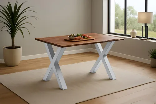 Esstisch Roxana | 120 x 80 cm | Akazienholz massiv | Kastanienfarbig | Echte Baumkante | X-Gestell Metall Silber | pflegeleichter Massivholztisch/Baumkantentisch für Esszimmer & Küche