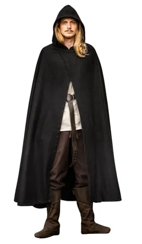 Leonardo Carbone® Unisex Umhang Thorian | Kapuze | Offene Front | Karneval, Halloween, Cosplay, LARP, Mittelalter, Kostüm, Gewand, Cape, Mantel, Wolle Schwarz Einheitsgröße