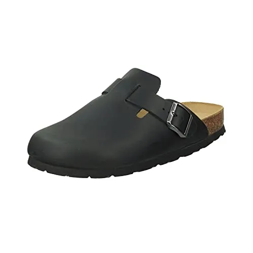 Rohde Herren Clog Pantolette Leder Schnalle Grado 6698 - Schwarz - Bequeme Pantoletten aus hochwertigem Leder mit verstellbarer Schnalle und ergonomischem Korkfußbett, ideal für Zuhause und Freizeit.