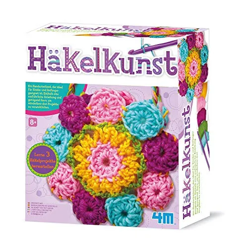 4M Häkelkunst-Set - Ideales Häkelset für Kinder und Anfänger - Inklusive Anleitung in deutscher Sprache - Perfekt für Platzdecken, Taschen und Untersetzer