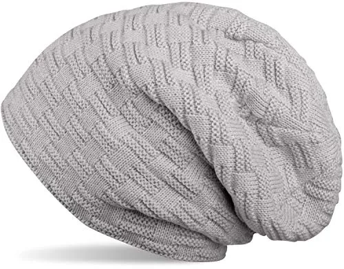 styleBREAKER Feinstrick Longbeanie Mütze mit Flecht Muster und warmem Fleece Innenfutter | Winter Strickmütze Unisex elastisch weich bequem warm, Farbe:Hellgrau