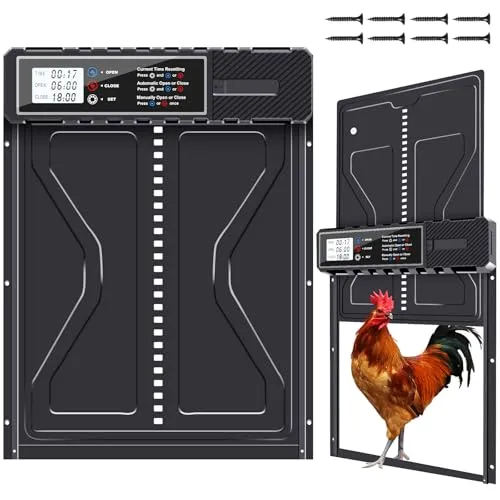 PlayDen Automatische Hühnerklappe, Aluminum Elektrische Hühnerklappe Batterie mit Wasserdicht Großes Display, Timer, Manuelle, Automatisch Hühnertür, Intelligenter Einklemmschutz