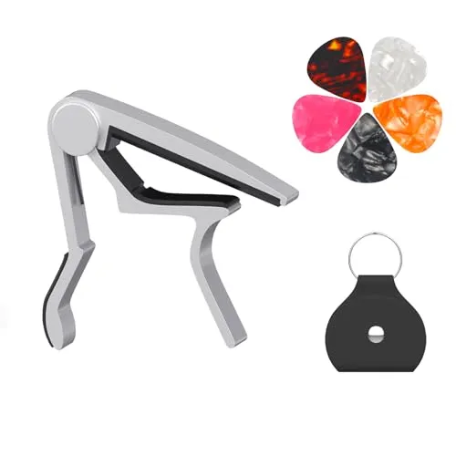 Gitarren Kapodaster für Akustikgitarre 6 Saiten und 12 Saiten, Gitarrenkapodaster mit Plektrumhalter und 5 Plektren, Metall Kapodaster für Ukulele, Mandoline, Banjo und andere (Silber)
