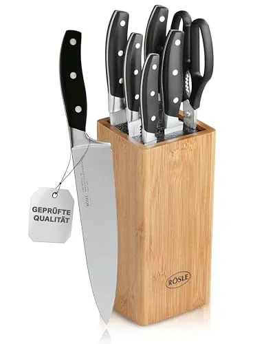 RÖSLE CUISINE Bürsten Messerblock - 7-teiliges Set mit 5 scharfen Küchenmessern und Küchenschere, aus hochwertigem Klingenspezialstahl und elegantem Bambusholzblock