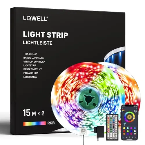 LQWELL® 30M LED-Lichtleiste mit Fernbedienung und App - LED Streifen mit Musiksynchronisation und Farbwechsel, ideal für Partys und stimmungsvolle Beleuchtung zu Hause.