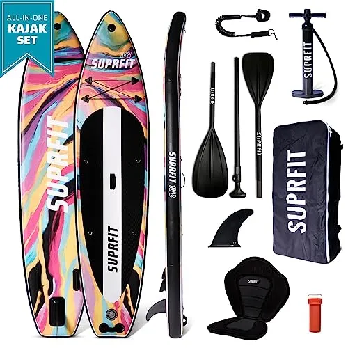 SUPRFIT Stand Up Paddling Board Set mit Sitz und Paddel – Aufblasbares SUP Board für bis zu 140 kg - Erleben Sie Wasserspaß mit dem SUPRFIT Stand Up Paddling Board Set! Im praktischen Rucksack enthalten: Hochdruckpumpe, Teleskop-Paddel und Sitz. Ideal für Familie und Freunde – robust, leicht und für Anfänger sowie Profis geeignet.