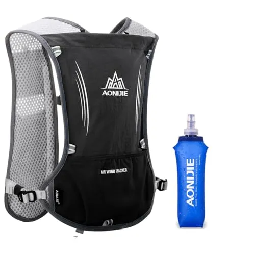 Laufrucksack Trinkrucksack 5L Leichter Laufen Rucksack Fahrradrucksack mit Optional Trinksystem für Damen Herren (Schwarz mit 500ml Trinkflasche)