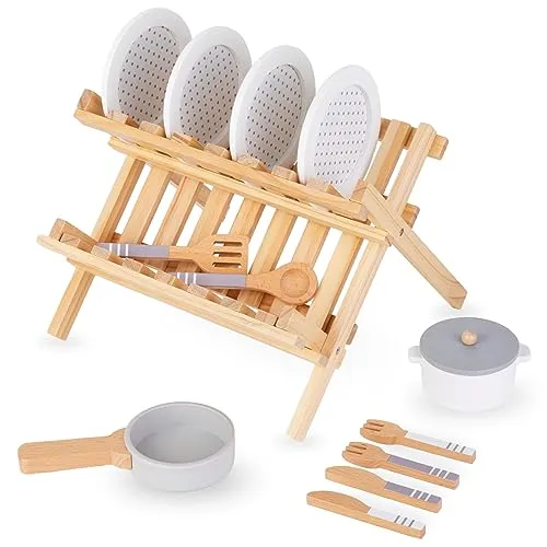 Mamabrum Holz-Küchenzubehör-Set | 15-teiliges Spielküchen-Set mit Geschirrständer und Töpfen - Umfangreiches 15-teiliges Holz-Küchenzubehör-Set für Kinder ab 3 Jahren, fördert Kreativität und Feinmotorik mit sicherem, nachhaltigem Spielzeug.