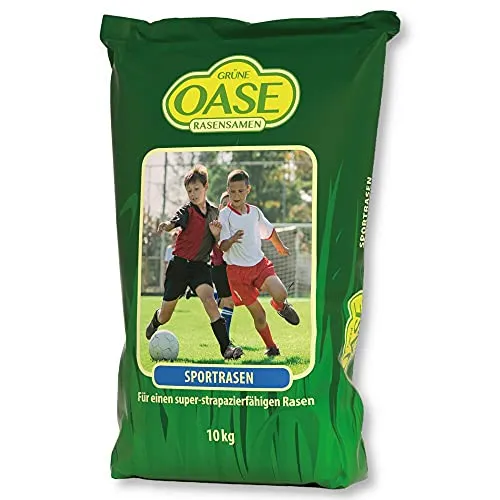Grüne Oase Rasensamen Sportrasen 10 kg - Gräsersamen & -pflanzen, ideal für stark strapazierte Flächen, bildet eine dichte und belastbare Narbe für Sport und Spiel.
