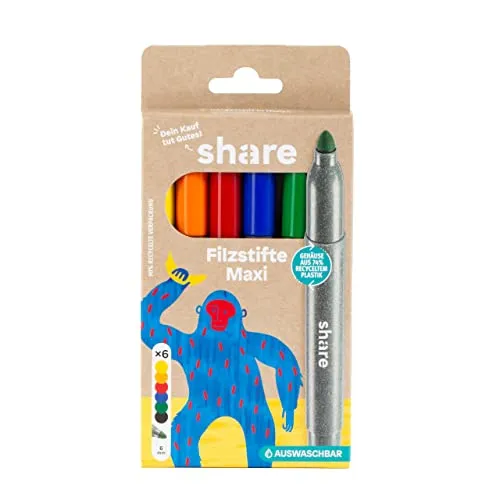 share Filzstifte Maxi 6er Set – Filzstifte Set spendet eine Unterrichtsstunde für ein Schulkind – Eco-Fasermaler mit birllanten Farben und flexibler Strichstärke, Mehrfarbig