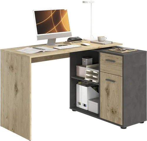 FMD Eckschreibtisch AUGSBURG - Kinderschreibtisch/Sideboard mit Stauraum, multifunktional und beidseitig montierbar, ideal für platzsparendes Arbeiten und Spielen.