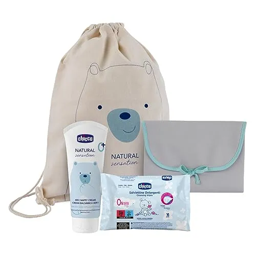CHICCO NATURAL SENSATION - WICKEL-GESCHENKSET ENTHÄLT 1 100% BAUMWOLLTASCHE, 1 WICKELMATTE, 1 WICKELCREME 4IN1 100 ML, 1 REINIGUNGSTÜCHER 16 STK.