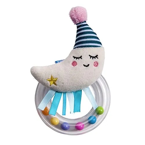 Taf Toys Mini Moon Newborn Baby Rattle. Soft Plush Toddler Sensory Ring Rattle with Ribbons. Easy to Grab. Colourful Beads. Suitable for Boys & Girls from Birth