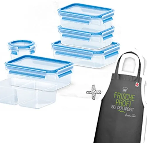 Emsa 6-tlg. Clip&Close 3D Vorratsdosen-Set mit Kochschürze, modern, practical, Lebensmittelaufbewahrungsbehälter, Rund, 6 Liter, Spülmaschinenfest, Mikrowellengeeignet, Gefriergeeignet, Blau