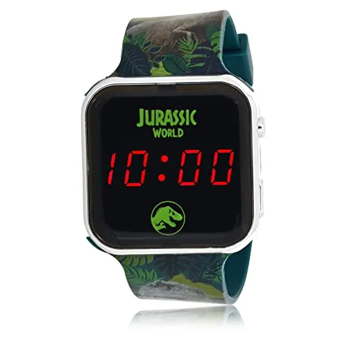 Accutime JRW4100 LED Kinderuhr Jurassic World, Digitaluhr mit LED-Anzeige für Uhrzeit und Datum, Weiches Acryl-Armband, Lange Batterielaufzeit, Abschalt Automatik, Uhr für Jungen und Mädchen, Grün