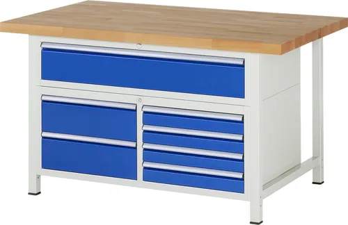 Werkbank 1500x900x840-1040mm 7xSchublade-TA lichtgrau/enzianblau.