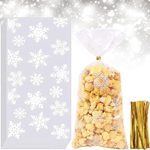 BELSVOR 100 Stück Plätzchentüten Weihnachten - Spritzbeutel Set mit 100 Cellophantüten und 200 Goldbändern, ideal für die Aufbewahrung von Süßigkeiten, Keksen und mehr – perfekt für die Weihnachtszeit!