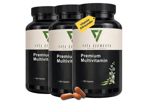 Vita Elements 3er Set Premium Multivitamin Kapseln, 540 Stk. Ohne unnötige Zusätze 21 Vitalstoffe Laborgeprüft