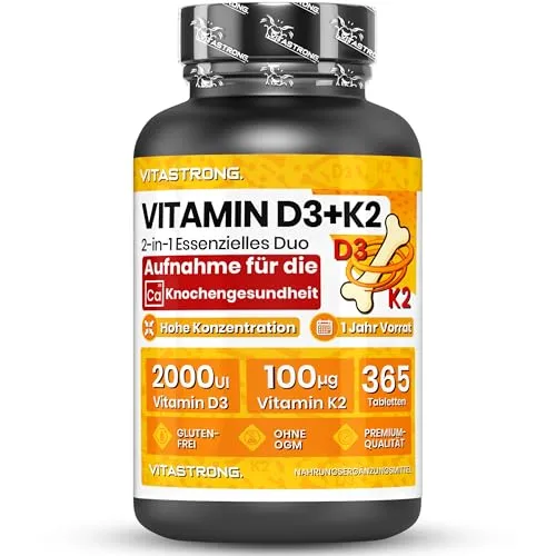 Vitamin D3 + K2 Vitastrong, 365 Hochdosierte Tabletten, Vorrat von 1 Jahr, 2000 IE Vitamin D3, 100 µg Vitamin K2 MK-7, Vegetarisch, Glutenfrei, Gentechnikfrei, Ohne Zusätze, Laborgeprüfte Qualität
