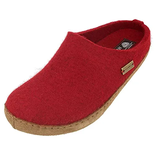 HAFLINGER Emils Toffel Filzpantoffel mit Ledersohle Unisex (Rubin 211) Gr 40 - Hausschuhe aus reinem Wollfilz für warme Füße, mit rutschfester Ledersohle für sicheren Halt und einem auswechselbaren Fußbett für optimalen Komfort.