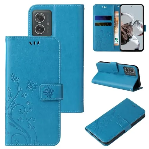 LBH Handy Hülle für Motorola Moto G55 5G Case Handytasche Schmetterling Blumen Flower Standfunktion Schutzhülle Magnet Rundum Schutz 360 Grad Flipcase Cover Blau