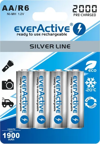 everActive Akku AA 2000 mAh 4 Stück, NI-MH, Mignon R6, wiederaufladbar, vorgeladen, Silver Line 1.2V, 1 Blisterkarte