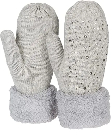 styleBREAKER Damen warme Winter Strick Fäustlinge mit Strass und Perlen, Handschuhe, Thermo Fleece, Strickhandschuhe 09010039, Farbe:Hellgrau