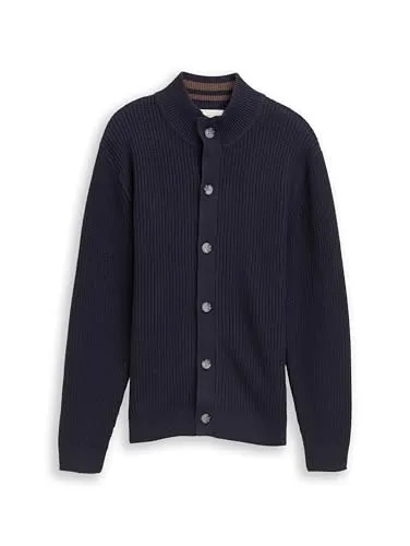 TOM TAILOR Herren Strickjacke 1048729 mit Knopfleiste in Sky Captain Blue - Stylische Strickjacke mit Stehkragen und Rippstruktur an den Ellbogen. Regular Fit für optimalen Tragekomfort. Aus pflegeleichten Materialien gefertigt, ideal für den täglichen Einsatz.