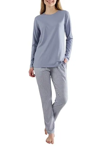 Götzburg Damen Schlafanzug Langarm - 100% Baumwolle, Pyjama-Set mit Karierter Pyjamahose 42