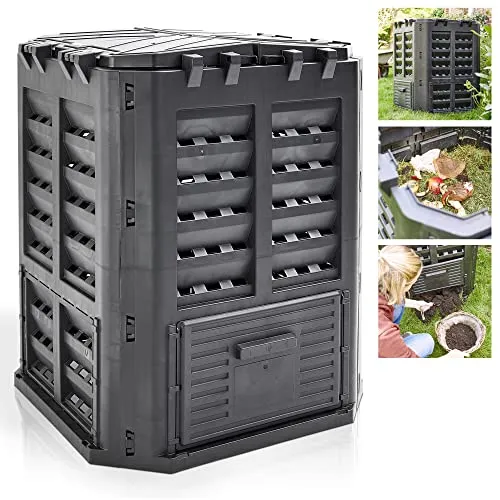HECHT Thermokomposter 360 Liter – Robuster Schnellkomposter mit Stecksystem - Kompostierer für Gartenabfälle & Biomüll, mit 360 l Volumen für schnellere Zersetzung, wetterfest und einfach zu befüllen dank 2-teiligen Deckel und großer Klappe.