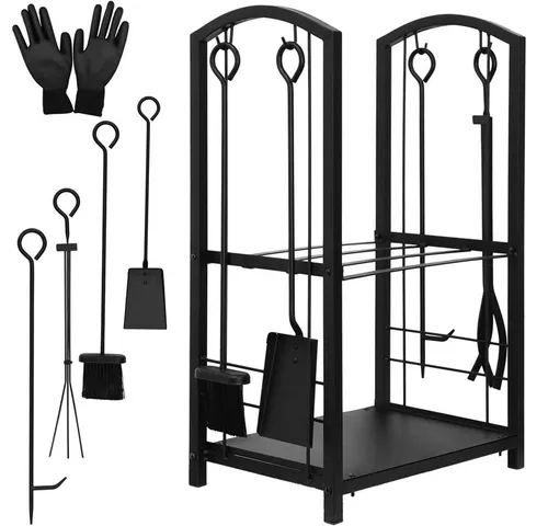 Mucola Kaminholzregal 6-tlg. Set mit Kaminbesteck und Handschuhen - Kaminholzregal aus pulverbeschichtetem Stahl, rostfrei und korrosionsbeständig. Inklusive 4-teiligem Kaminwerkzeug und Handschuhen für eine saubere Feuerstelle und effiziente Holzlagerung.