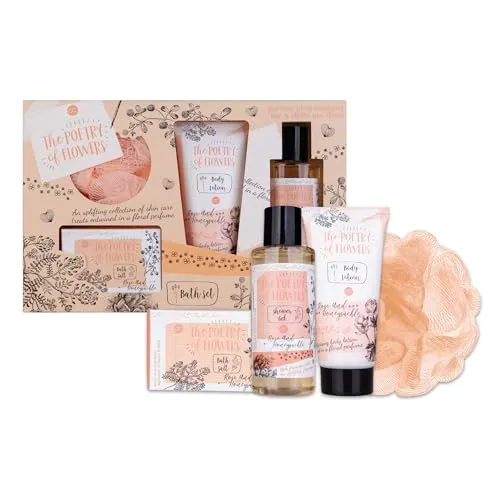 accentra - Geschenkset Frauen POETRY OF FLOWERS 4-teilig - Badeset Geschenk mit Bodylotion, Badesalz, Duschgel & Netzschwamm – Wellness Set für Frauen & Mädchen zum Geburtstag & Valentinstag