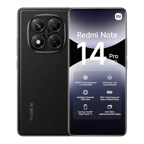 Xiaomi Redmi Note 14 Pro 5G Smartphone, 8 + 256 GB, Schwarz, 200 MP professionelle AI-Kamera, IP68, 45 W Turbo-Ladung mit 5110 mAh Akku, AI-Funktionen (kein Ladegerät im Lieferumfang enthalten), 2
