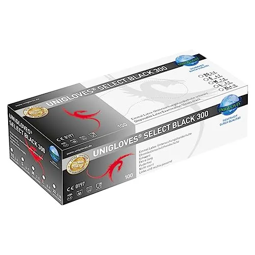 UNIGLOVES - Robuster SELECT® BLACK 300 Latexhandschuh | Puderfrei & lebensmittelecht | Schwarze Einweghandschuhe zum Kochen, Tätowieren uvm. | extra lang | 100 Stück | Einmalhandschuh S