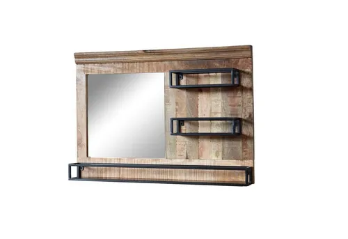 Baario Badspiegel VODICE 100x70cm - Badspiegel im Industrial Design mit drei praktischen Ablagefächern aus Eisen, ideal für ein rustikales Badezimmerambiente. Jedes Stück ist ein Unikat aus massivem Mangoholz.
