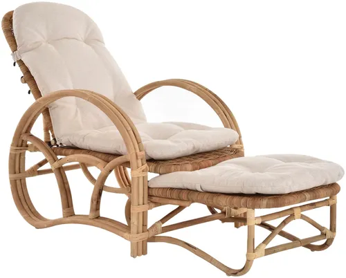 Rattanliege Liegesessel klappbar mit Hocker (Natur) - Kompakter Liegesessel mit verstellbarer Rückenlehne und abnehmbaren Kissen. Ideal für Wohnzimmer und Wintergarten, bietet hohen Komfort und stilvolles Design für entspannte Stunden.