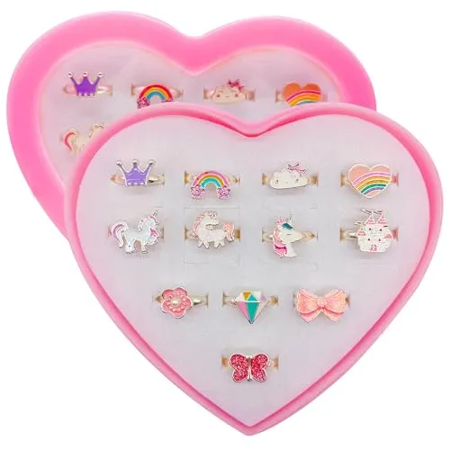 Steemjoey 12 Stück Kinderringe Mädchen, Einhorn Schmuck Verstellbare Ringe, Kinder Dress Up Ring Set mit Herzform Vitrine für Kinder Geburtstag Party Favors
