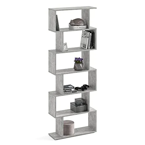 KOMTO Bücherregal Beton - S-förmiges Raumteiler Regal 191x70x24 cm - Modernes S-förmiges Bücherregal für Wohnzimmer oder Büro, sicher an der Wand befestigt. Geräumige Fächer für Ordner und Pflanzen, schnelle Montage inklusive Anleitung.